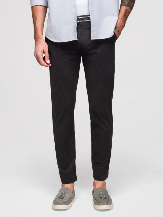 Zdjęcie produktu Spodnie męskie chino z ozdobną taśmą w pasie SLIM FIT – czarne V1 - Rozmiar: L Ombre Clothing