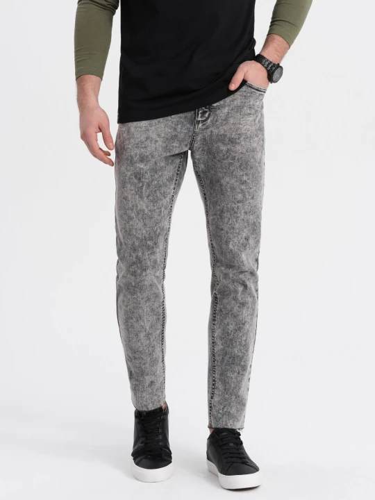 Zdjęcie produktu Spodnie męskie jeansowe marmurkowe z surowo wykończoną nogawką SLIM FIT - szare V1 - Rozmiar: XL Ombre Clothing