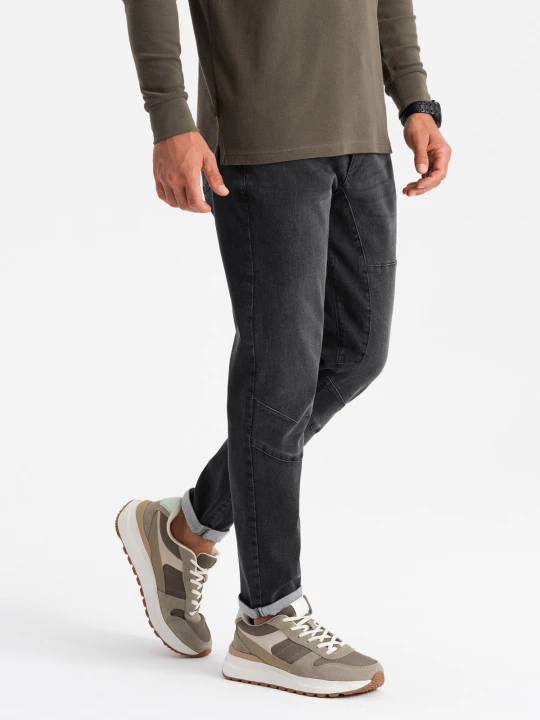 Zdjęcie produktu Spodnie męskie jeansowe TAPERED FIT z przeszyciami i podwiniętymi nogawkami – czarne V3 Ombre Clothing