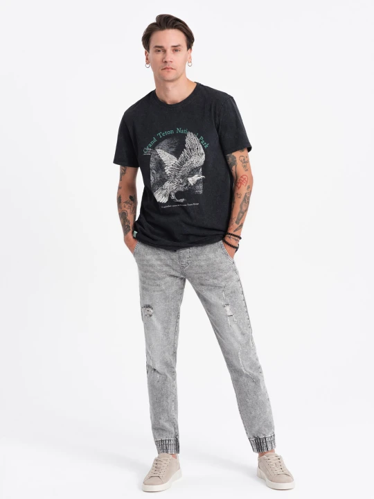 Zdjęcie produktu Spodnie męskie JOGGERY jeansowe z przetarciami - jasnoszare V4 - Rozmiar: XL Ombre Clothing szary