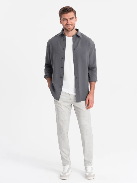 Zdjęcie produktu Spodnie męskie o klasycznym kroju w delikatną kratę - beżowe V1 - Rozmiar: XL Ombre Clothing