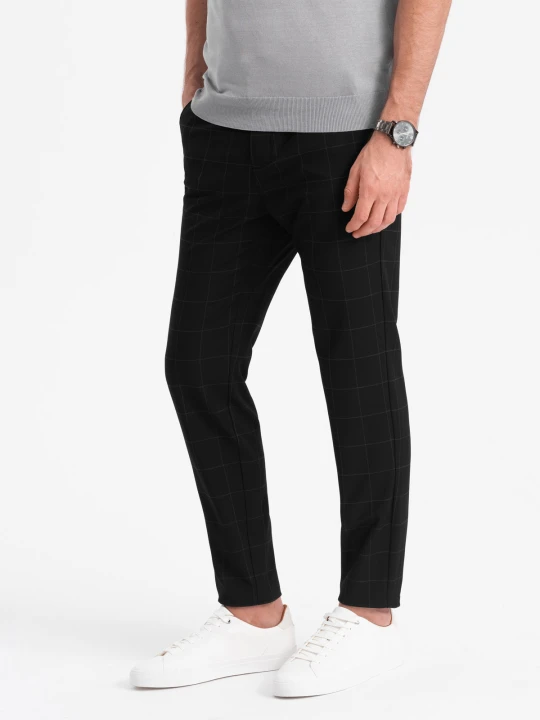 Zdjęcie produktu Spodnie męskie o klasycznym kroju w delikatną kratę - czarne V5 - Rozmiar: XL Ombre Clothing