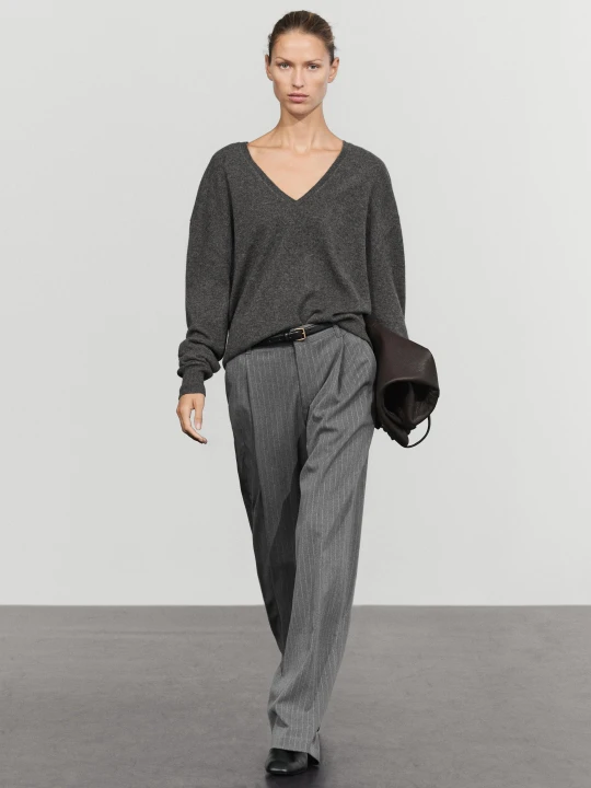 Zdjęcie produktu Spodnie Szerokie Nogawki W Prążki - Szary Antracytowy - Massimo Dutti - Female