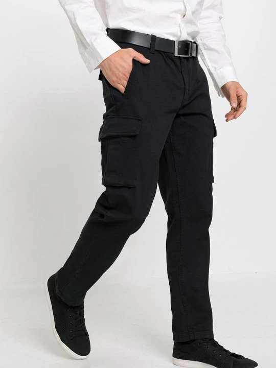 Zdjęcie produktu Spodnie z kieszeniami cargo, z czystej bawełny z domieszką stretchu, regular fit, straight BonPrix czarny