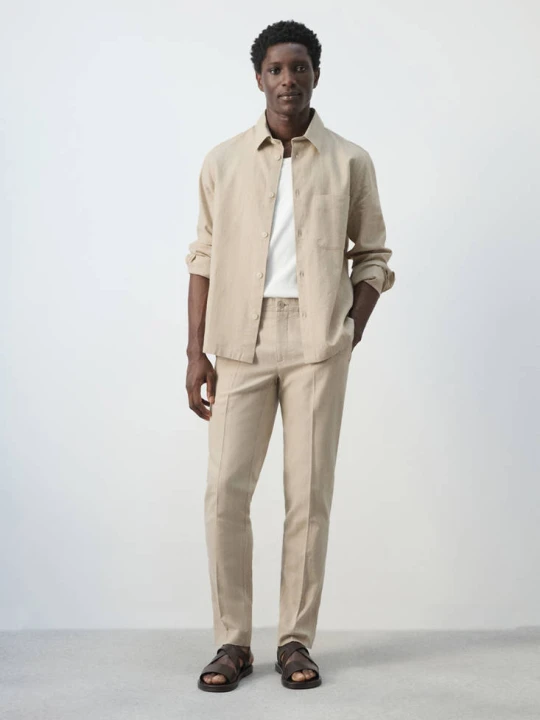 Zdjęcie produktu Spodnie z lnu i bawełny slim fit w paski śliwkowy - Mężczyzna - MANGO MAN