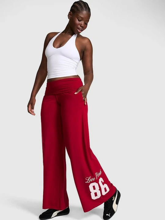 Zdjęcie produktu PINK Spodnie z szeroką nogawką i wywijanym pasem All-Day Cotton Victoria's Secret Czerwony