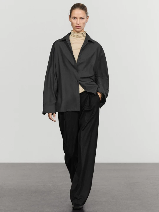 Zdjęcie produktu Spodnie Z Szerokimi Nogawkami W Prążki - Czarny - Massimo Dutti - Female