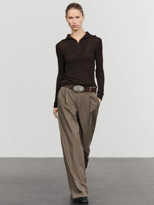 Zdjęcie produktu Spodnie Z Szerokimi Nogawkami W Prążki - Szarobrązowy - Massimo Dutti - Female