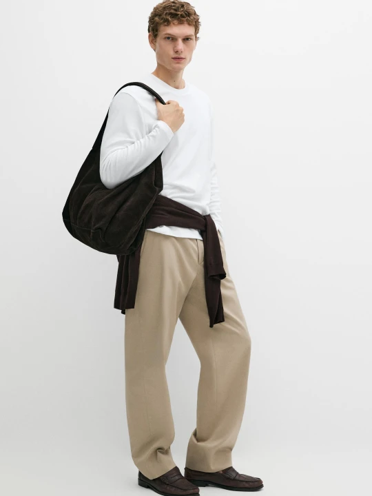 Zdjęcie produktu Spodnie Z Szerokimi Nogawkami Ze 100% Bawełny - Khaki - Massimo Dutti - Male