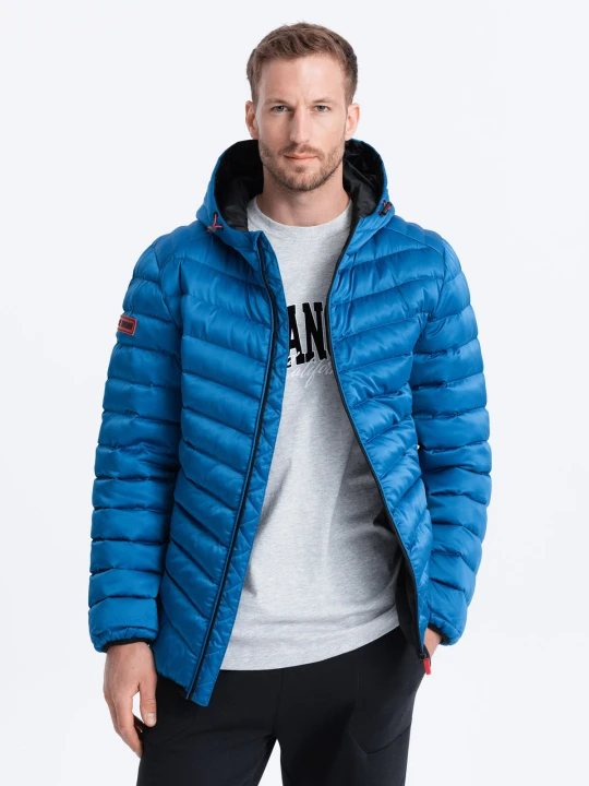 Zdjęcie produktu Sportowa pikowana kurtka męska o satynowym wykończeniu – niebieska V6 - Rozmiar: L Ombre Clothing