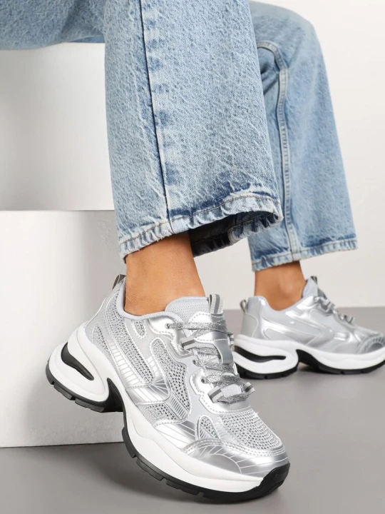 Zdjęcie produktu Srebrne Brokatowe Sneakersy w Streetwearowym Stylu na Piankowej Podeszwie Felindris