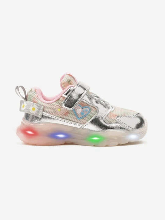 Zdjęcie produktu Srebrne Designerskie Buty Sportowe na Rzep ze Świecącą Podeszwą i Uroczymi Naszywkami Eirce