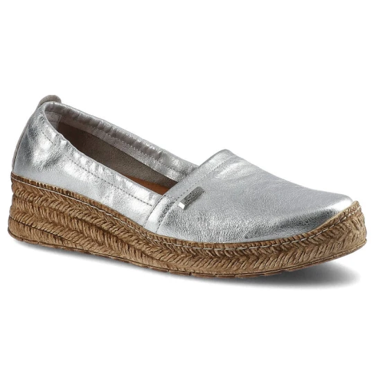 Zdjęcie produktu Espadryle damskie Lemar, wsuwane z gładką skórzaną cholewką elastycznymi wstawkami i plecioną platformową podeszwą, srebrne kryształ, 10125