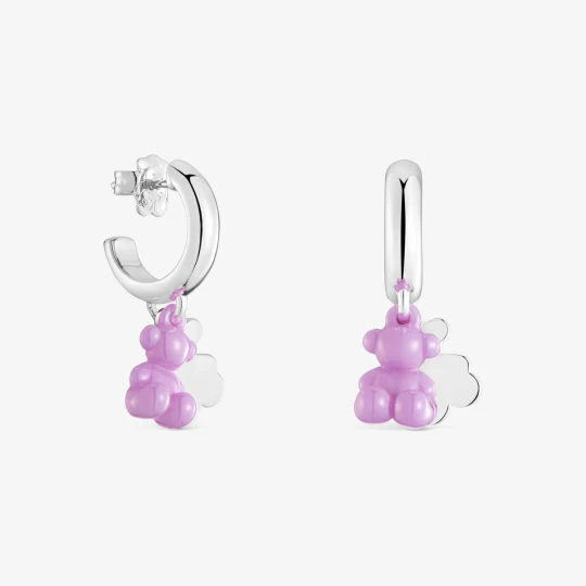 Zdjęcie produktu Srebrne Kolczyki Kreolki Z Motywem Dwóch Misiów Z Liliowej Ceramiki Bold Bear - Tous LILAC