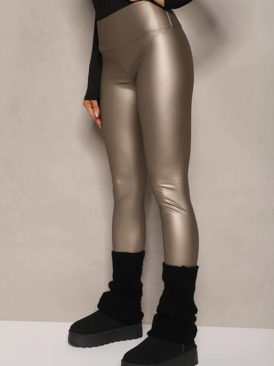Zdjęcie produktu Srebrne Legginsy z Imitacji Skóry High Waist z Polarem Selabra Defox Złoty
