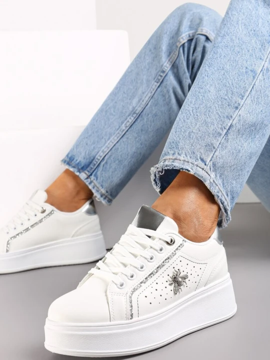 Zdjęcie produktu Biało-Srebrne Sneakersy na Grubej Podeszwie z Brokatowym Zdobieniem Pirola