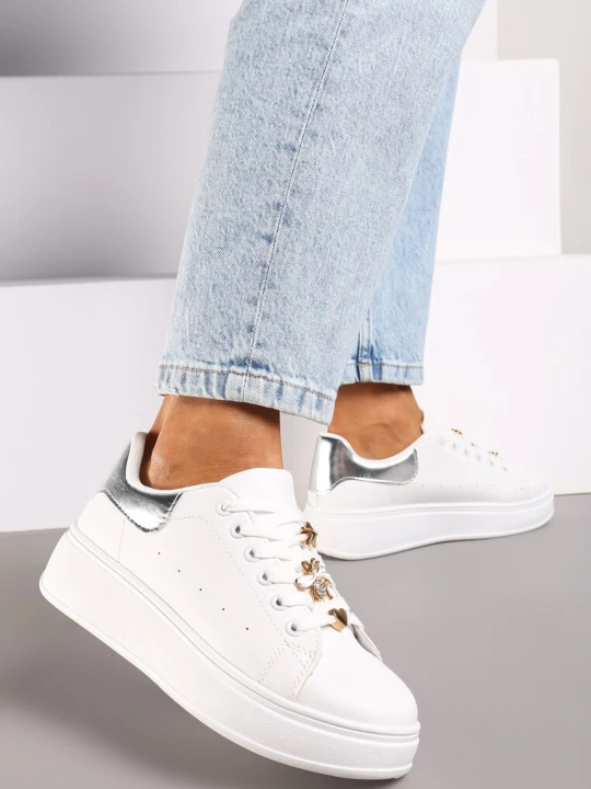 Zdjęcie produktu Biało-Srebrne Sneakersy na Platformie Wykończone Cyrkoniowymi Aplikacjami Vliorina