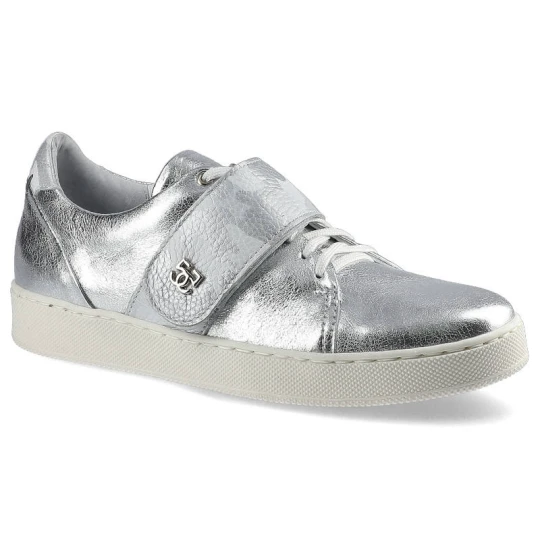Zdjęcie produktu Sneakersy damskie Simen, na solidnej podeszwie zapinane na rzep i sznurowanie, biało-srebrne, 366A