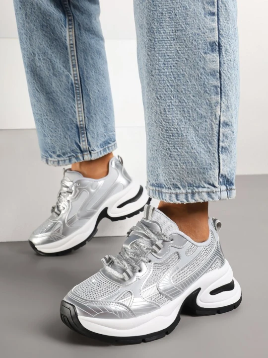Zdjęcie produktu Srebrne Sneakersy Streetwearowe na Grubej Podeszwie Zdobione Brokatem Felanwea