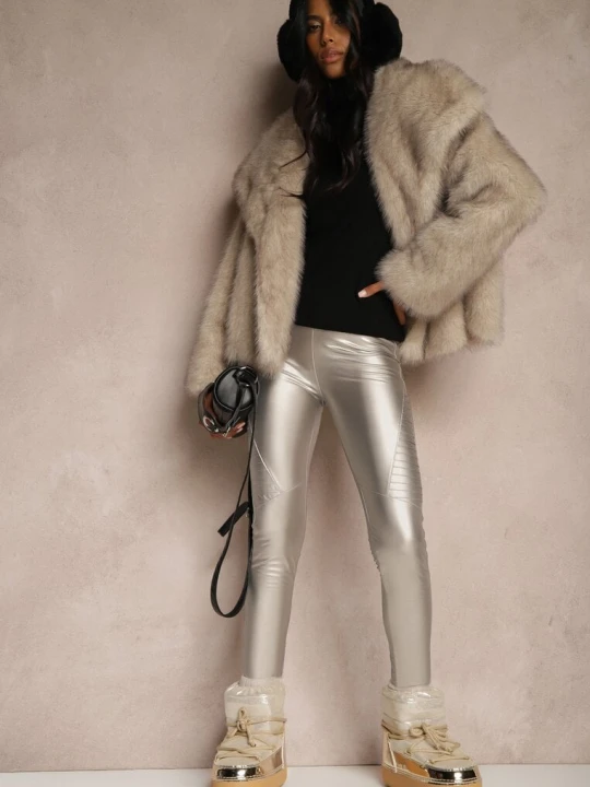 Zdjęcie produktu Srebrne Spodnie z Ekoskóry Skinny High Waist Ocieplane Polarową Wyściółką Lavimi Defox