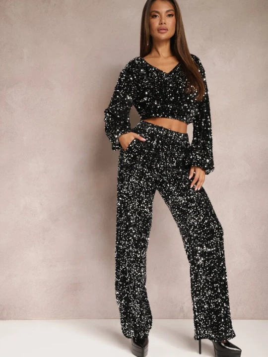 Zdjęcie produktu Srebrne Szerokie Spodnie w Cekiny z Welurowej Tkaniny Naress Retro & Icone