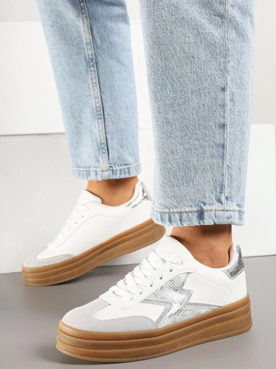 Zdjęcie produktu Srebrno-Białe Sneakersy na Kauczukowej Podeszwie z Geometrycznym Wzorem Tolionne Be.Sport