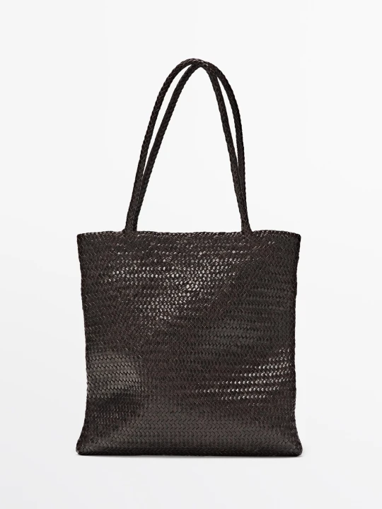 Zdjęcie produktu Średnia Pleciona Torba Tote Ze Skóry Nappa - Brązowy - Massimo Dutti - Female