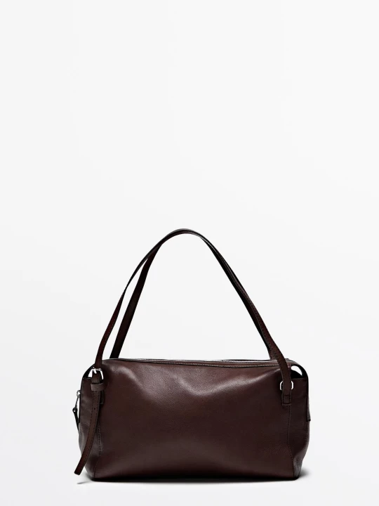 Zdjęcie produktu Średnia Torba Na Ramię Ze Skóry Nappa - Popielaty Brąz - Massimo Dutti - Female
