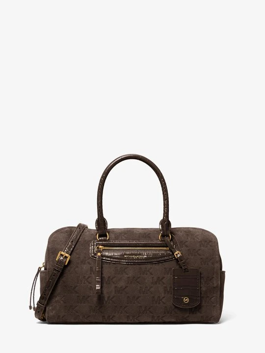 Zdjęcie produktu Średnia zamszowa podróżna torba Jet Set typu worek do przewieszenia przez ramię z wytłoczonym logo Michael Kors CZEKOLADOWY (Brązowy)