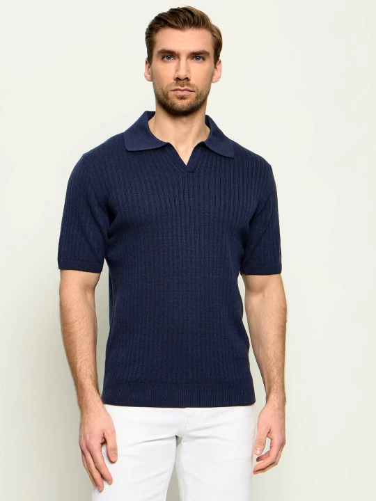 Zdjęcie produktu Stenströms Wełniane polo | Slim Fit | z dodatkiem lnu granatowy