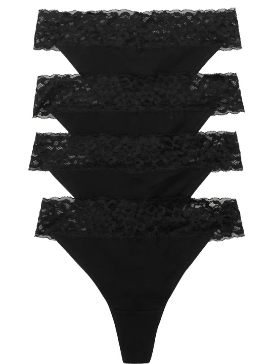 Zdjęcie produktu Stringi z bawełną i koronką (4 pary) BonPrix czarny