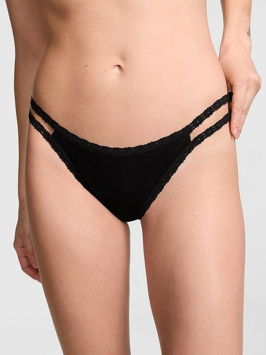 Zdjęcie produktu Stringi z koronką i paseczkami po bokach Victoria's Secret Czarny