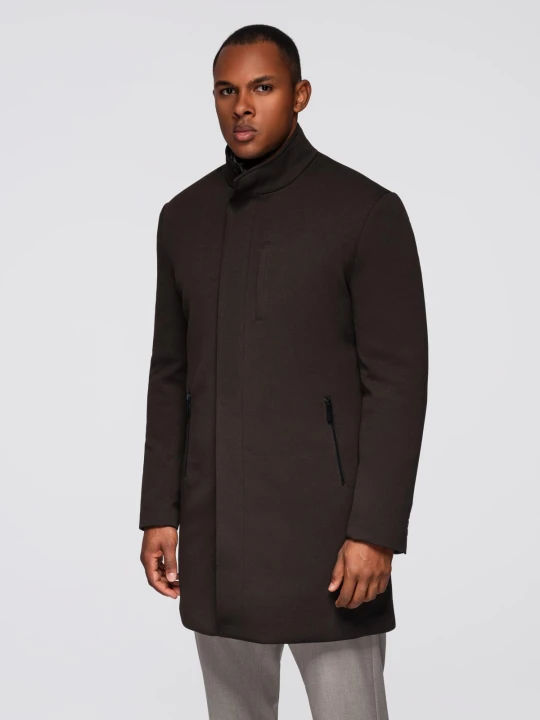Zdjęcie produktu Strukturalny dopasowany płaszcz męski z wysokim kołnierzem – ciemnobrązowy V5 - Rozmiar: XL Ombre Clothing