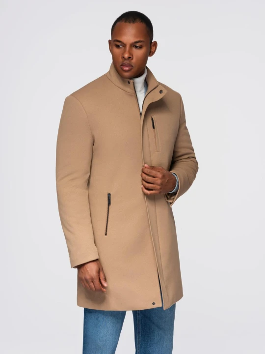 Zdjęcie produktu Strukturalny dopasowany płaszcz męski z wysokim kołnierzem – jasnobrązowy V4 - Rozmiar: M Ombre Clothing