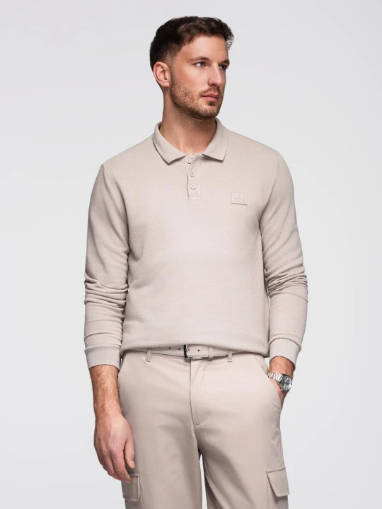Zdjęcie produktu Strukturalny longsleeve polo męski z naszywką – popielaty V3 - Rozmiar: XL Ombre Clothing