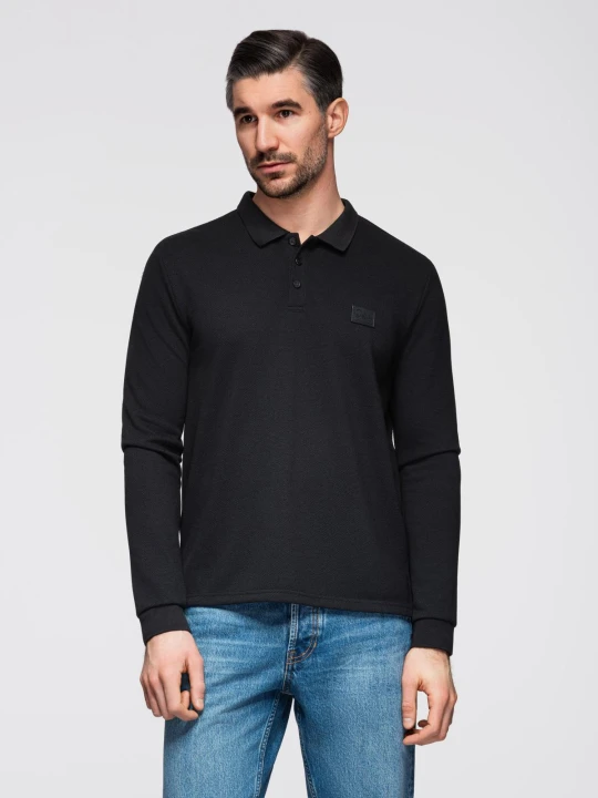 Zdjęcie produktu Strukturalny męski longsleeve polo z naszywką – czarny V1 - Rozmiar: XL Ombre Clothing
