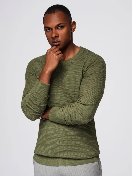 Zdjęcie produktu Strukturalny sweter męski z okrągłym dekoltem – oliwkowy V1 - Rozmiar: XXL Ombre Clothing