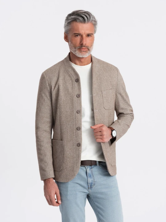 Zdjęcie produktu Stylowa marynarka męska bez klap - jasnobrązowa V2 - Rozmiar: L Ombre Clothing jasnobrązowy