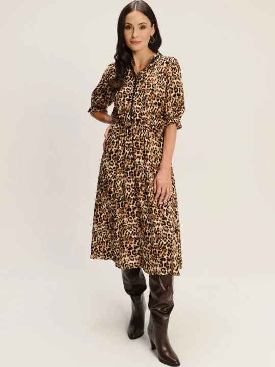 Zdjęcie produktu Stylowa sukienka midi z rękawem do łokcia print animal Greenpoint brązowy
