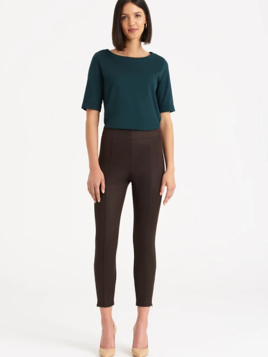 Zdjęcie produktu Stylowe legginsy z ozdobnymi zamkami, ciemny brąz Greenpoint brązowy