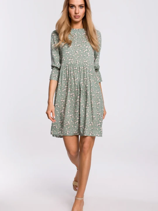 Zdjęcie produktu Sukienka boho rozkloszowana mini z wiskozy w kwiaty zielona Moe