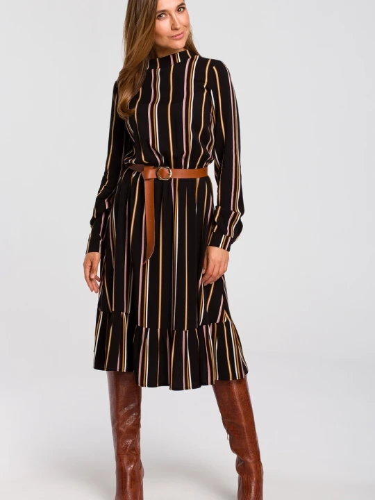 Zdjęcie produktu Sukienka boho w paski z falbaną i paskiem brązowa wiskoza Stylove