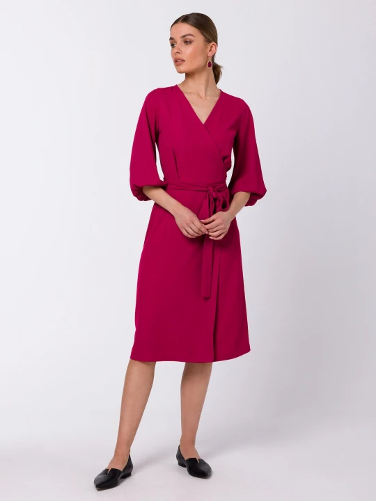 Zdjęcie produktu Sukienka elegancka kopertowa z bufiastymi rękawami śliwka Stylove