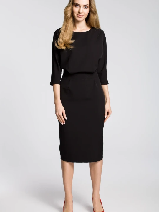 Zdjęcie produktu Sukienka elegancka midi kimonowa góra dopasowany dół czarna Moe