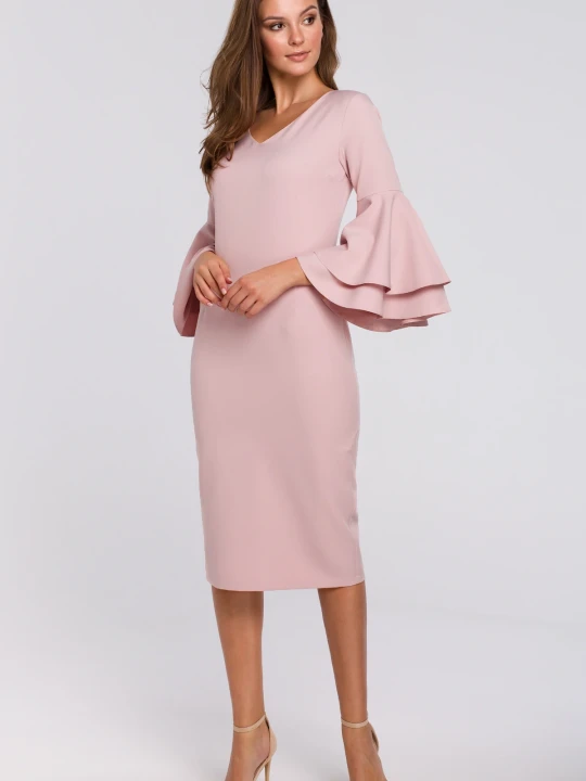 Zdjęcie produktu Sukienka elegancka ołówkowa z bufiastymi rękawami pudrowa Makover