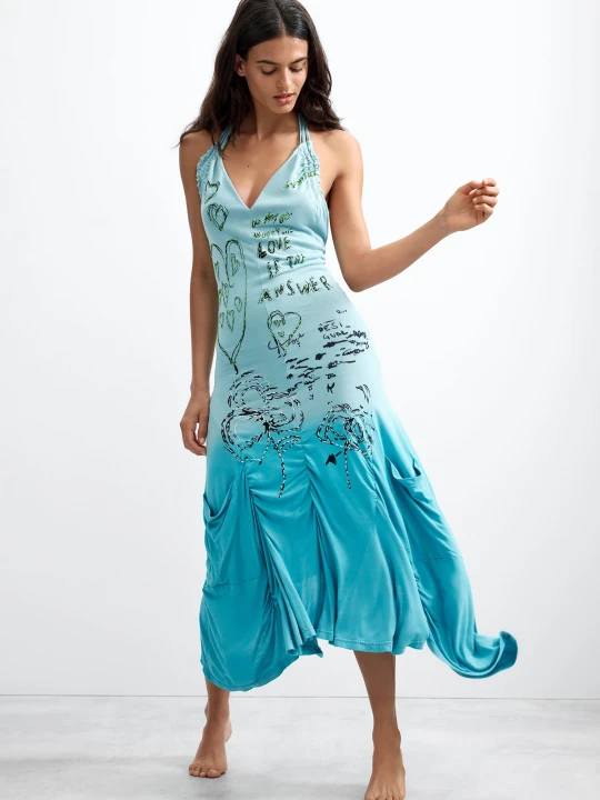 Zdjęcie produktu Sukienka halter z vintage'owym nadrukiem lettering Desigual niebieski