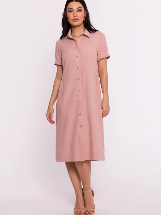Zdjęcie produktu Sukienka koszulowa midi z kołnierzykiem różowa Be Wear