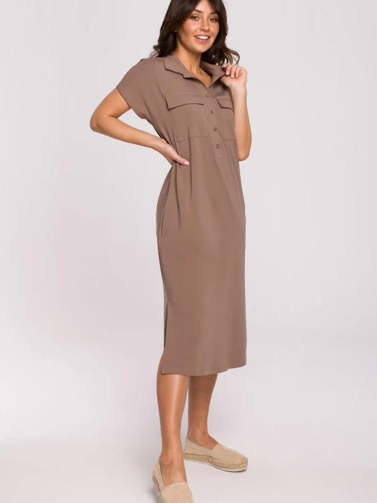 Zdjęcie produktu Sukienka koszulowa szmizjerka z kołnierzykiem bawełna brąz Be Wear