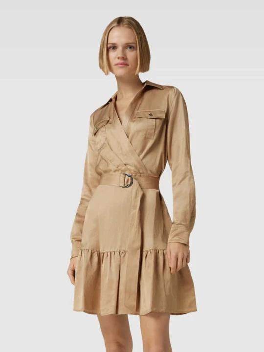 Zdjęcie produktu Sukienka koszulowa w kopertowym stylu o długości do kolan z mieszanki wiskozy i lnu Lauren Ralph Lauren Camel