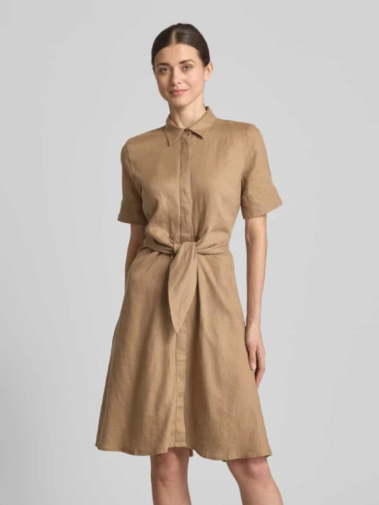 Zdjęcie produktu Sukienka lniana o długości do kolan z wiązanym paskiem model ‘WAKANA’ Lauren Ralph Lauren Camel